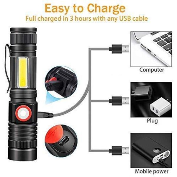 2 stk bærbare USB-oppladbare mini magnetiske lommelykter med zoom