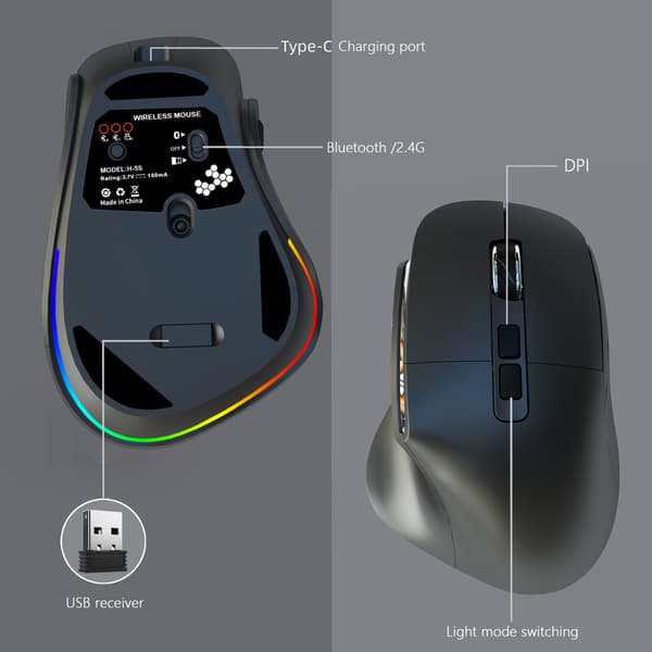 Musta ladattava langaton dual-mode Bluetooth -hiiri