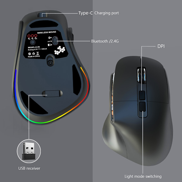 Sort genopladelig trådløs dual-mode bluetooth mus