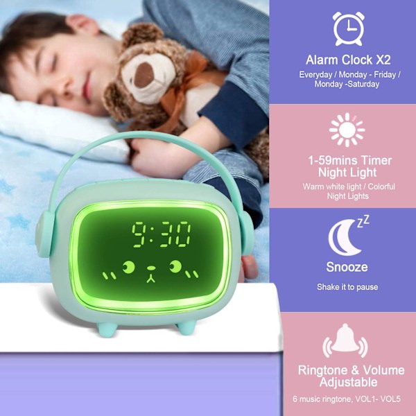 ##/Grön väckarklocka för barn, flickor och pojkar, digital, söt väckarklocka med 2 alarm##/