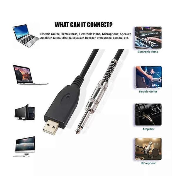 Audio AUX-kabel Anti-interferens Hög Fidelitet Drivrutinsfri USB till 6.35mm Hane till Hane Gitarrkabel för Laptops 2M