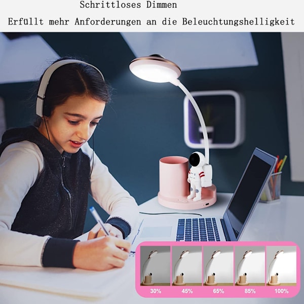 Rosa LED skrivebordslampe for barn, batteridrevet skrivebordslampe
