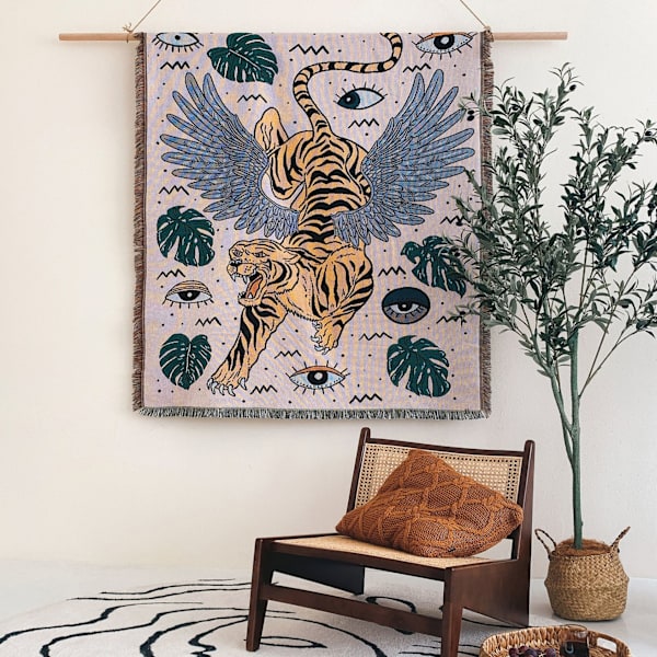 1 Stycke 160x130cm Stickad Tigerrutig Pläd Dekorerad med Fransar