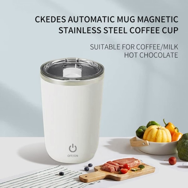 Vit självomrörande mugg Automatisk magnetisk kaffemugg i rostfritt stål