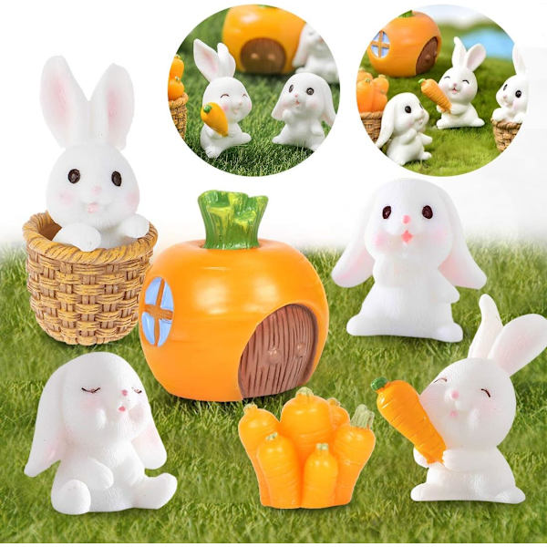 Kanin Ornament, 7 stk Mini Kanin Figur, Påskehare Gulerod