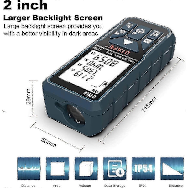 Laser Avstandsmåler 100m, dt100 Bærbar Håndholdt Digital Laser Måleverktøy Avstandsmåler Større Bakgrunnsbelyst LCD 4 Linjers Display Ip54 Støtsikker Batteri Inkl.