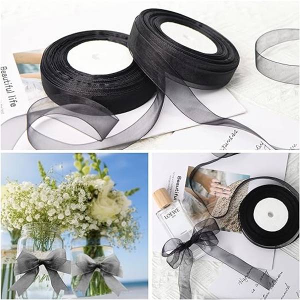 2 rullar Organza-band (svart band), transparent chiffongband