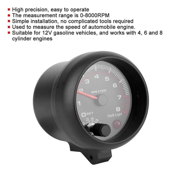 9,5 cm Sort Racingbil Turteller 0?8000 RPM 12V Universal Bilmåler