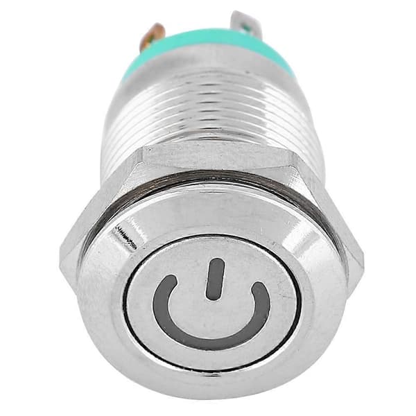 Grøn LED Lys Fladt Hoved Selv Nulstillende Metal Trykknap med Strømsymbol 12mm (5V)