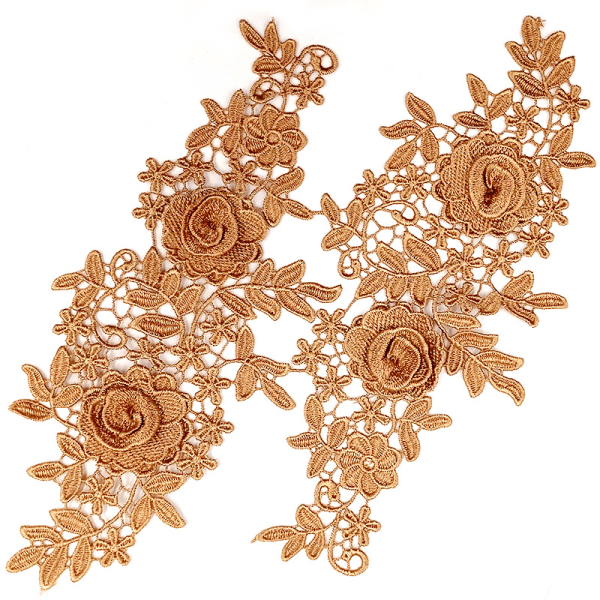 2 st Broderade Spetsblommor, Stryk- eller Sy-på-lapp, Guld