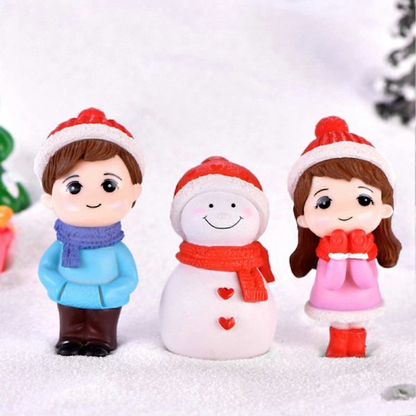 Dukkehusdukker Dejlige Miniature Bonsai DIY Par Snemand Model Figur Landskabsdekoration Red Hat Snowman