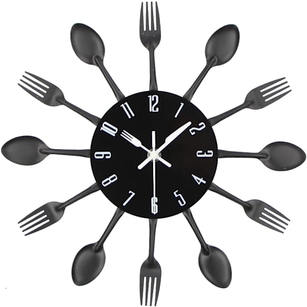 ##/Mirror Effect Kitchen Clock with Spoon and Fork - 32*32*4CM Black##/