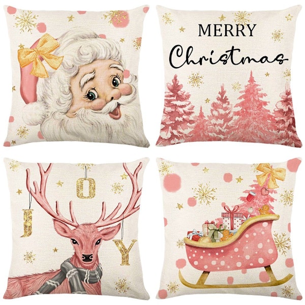 ##/(4 stycken) 4 stycken linne kvadratiska kuddfodral för jul säng soffa##/