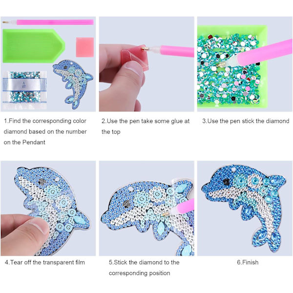 5 stycken 5D DIY Delfin Diamantmålning Nyckelringar, Rhinestone D