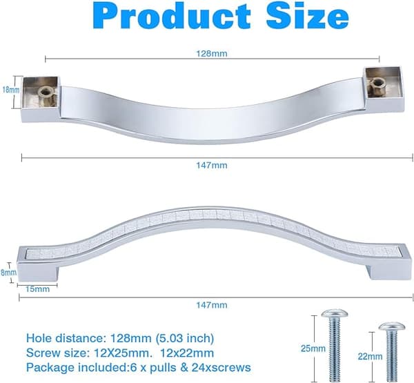 Sett med 6 skinnende krystallskapsknapper, hull avstand 128 mm, rh