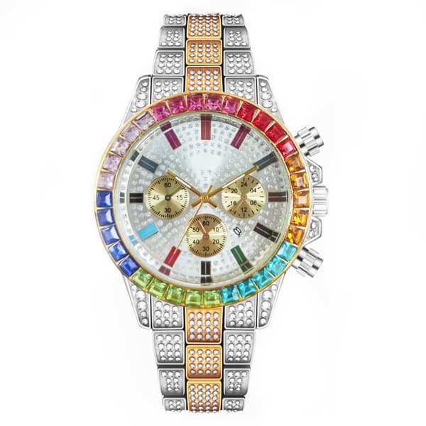 Quartzklocka Kronograf Guldton/Regnbåge Strass Diamanter