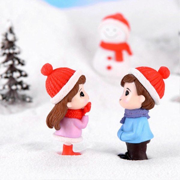 Dukkehusdukker Dejlige Miniature Bonsai DIY Par Snemand Model Figur Landskabsdekoration Red Hat Snowman