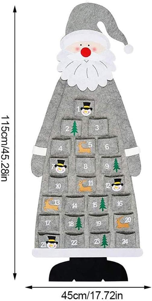 Julekalender i filt med juletræsdekorationer
