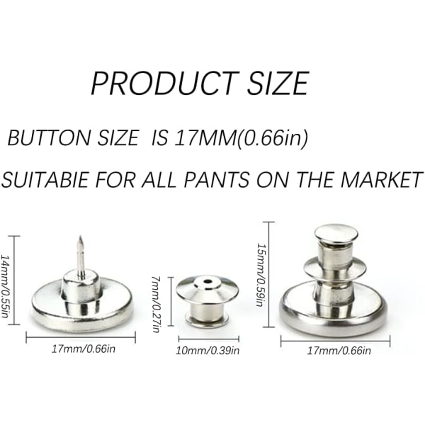 10 delar jeansknapp, 17 mm löstagbar DIY-knapp i metall, justera