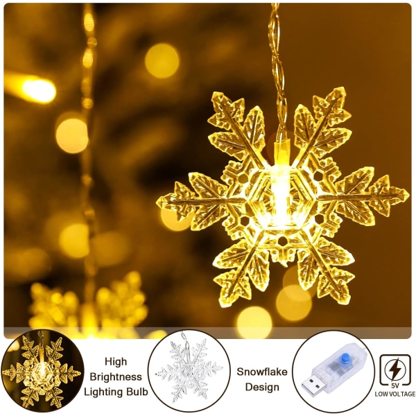 Varmvit LED Snowflake Gardinljus 2m*1m 8 lägen 5V USB Fair