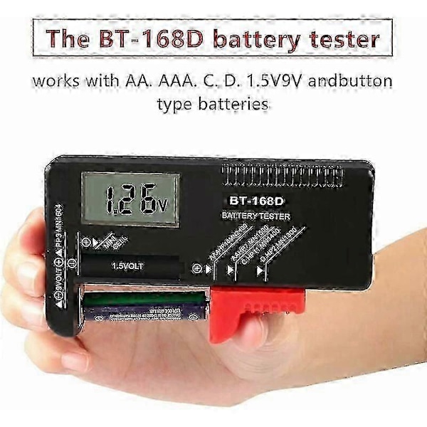 Digital batteritester, universal batteritester, batteritester, til AA, AAA, C, D, PP3, 9V, 1,5V, knapcellebatterier - virker uden batterier
