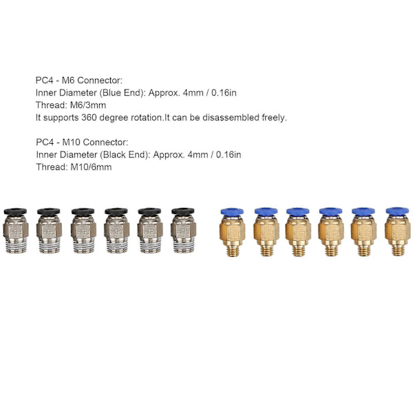 4 stk. PTFE-slange, 6 stk. PC4M6-stik, 6 stk. PC4M10-stik, 3D-printertilbehør