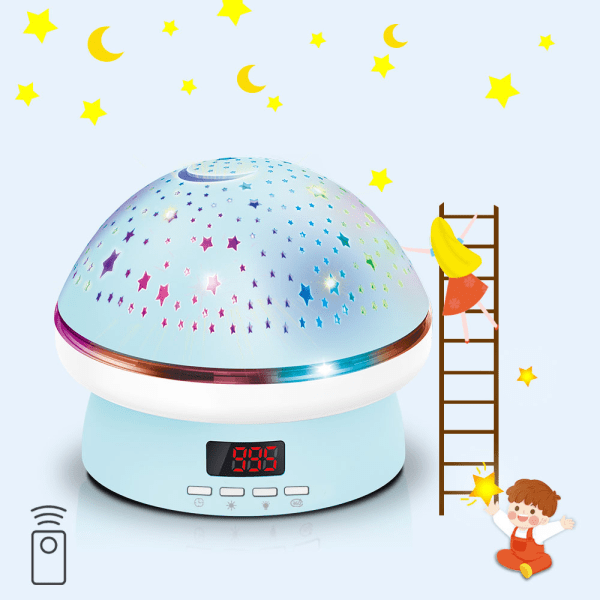 Blå - Nattlampa för barn med flerfärgat stjärnljus, fjärr