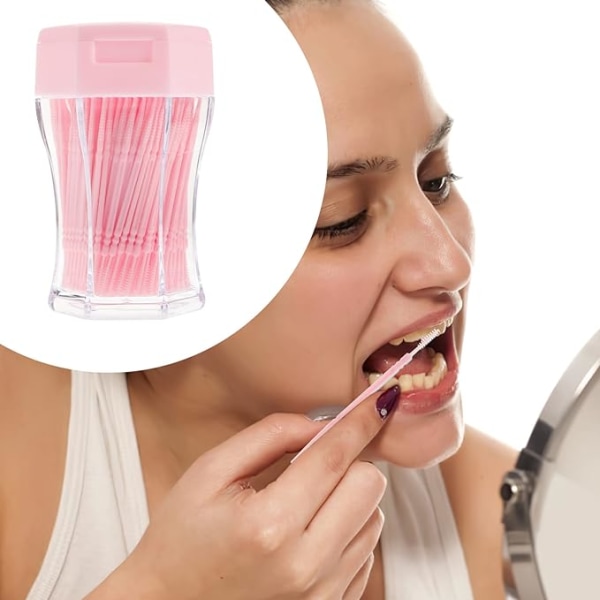 Tanntrådbørste (rosa), tannpirker, tanntråd, dobbelthode