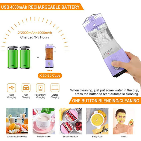 Bærbar blender til shakes og smoothies, mini blender, batteridrevet