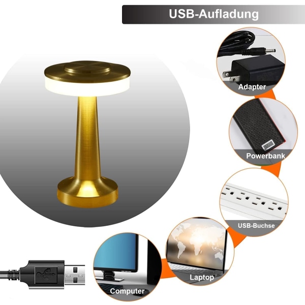 (Guld Gyllene) Trådlös Sänglampa, Metall USB Laddningsbar LED