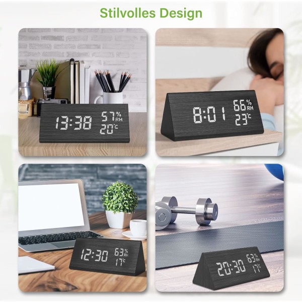 Trä Digital Väckarklocka, Trä Väckarklocka med 3 Alarm Inställningar