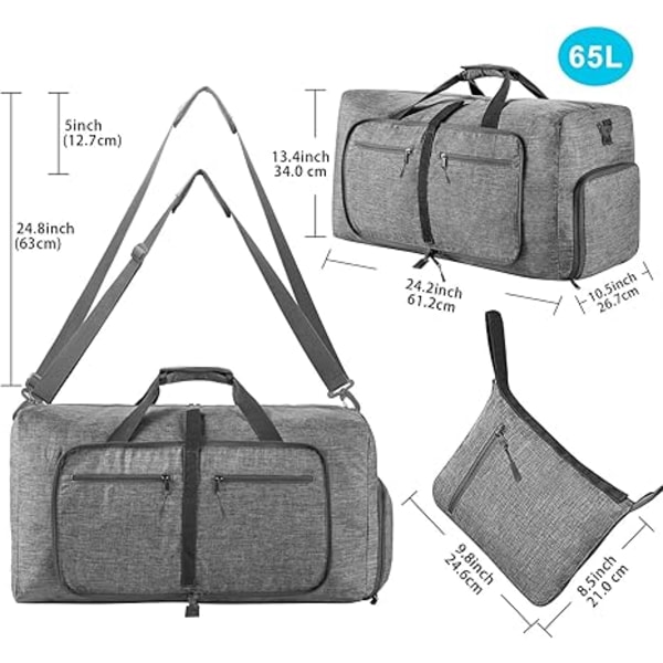 ##/Reiseduffelbag for menn 65L sammenleggbar reiseduffelbag med sko-rom Overnight Bag for menn og kvinner Vanntett og rivebestandig (grå)##/