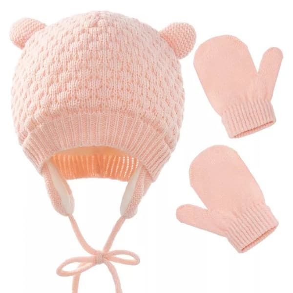 Sæt med 2 strikkede huer BABY hue ører fleece vinterhandsker