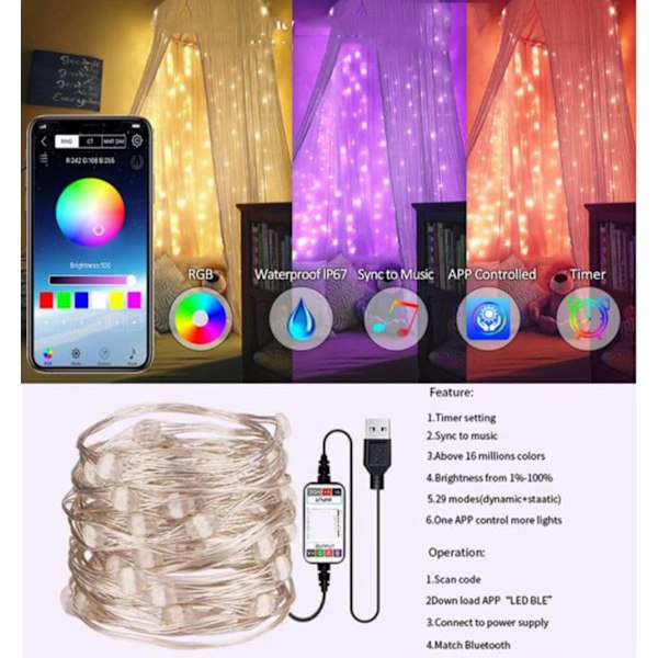 20m 200 Ljus USB Mobil Bluetooth LED Ljusslinga Band för C