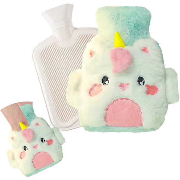 Plush-lämpöpullo, vaaleansininen yksisarvinen 500 ml, söpö ja pörröinen