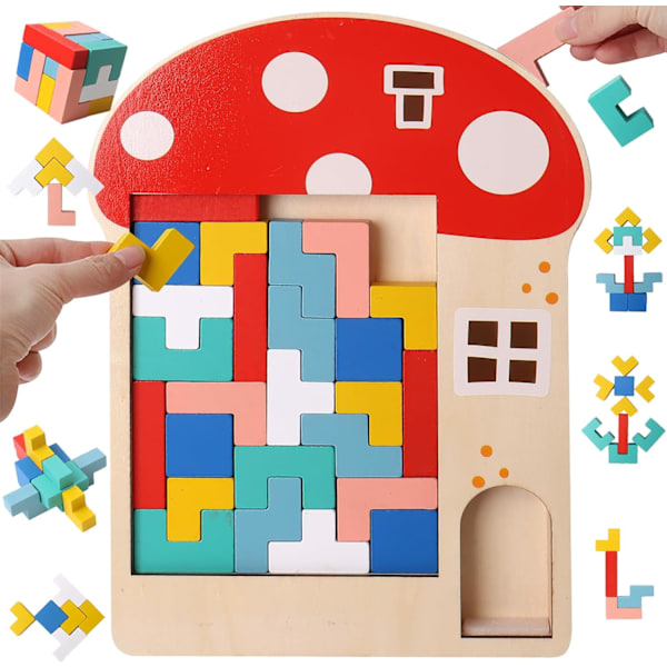 Træ Tetris Puslespil til Børn (Svampe), 3D Puslespil Montessori Legetøj