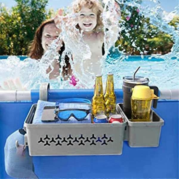Opbevaringskurv til poolkanten med kopholder, udendørs opbevaringskurv til pool til over jorden pool/