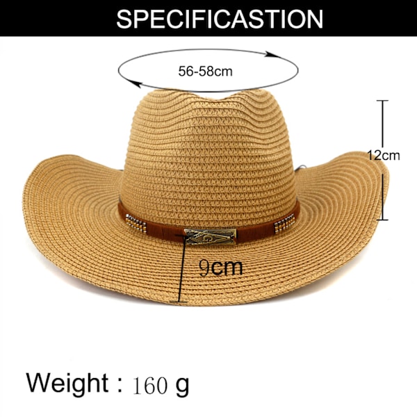 ##/Cowboyhatt for kvinner og menn, westernhatt med bred brem og stropp##/