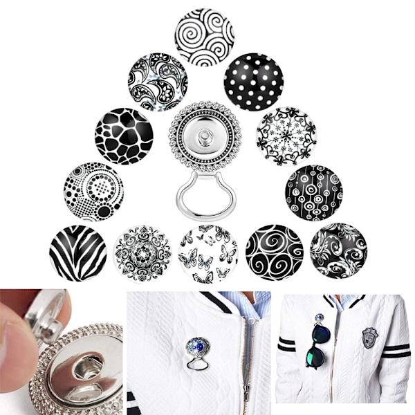 13 stk. (Diamantbrosche + 12 Sort-Hvide Mønsterknapper) Magn