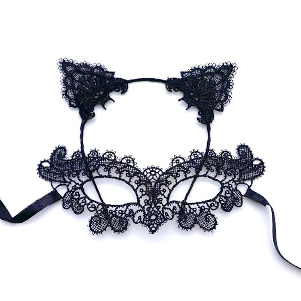 ##/4##/(Svart) Kvinnors Halloween Spets Halvmask med Kattungeöron Huvudband C##/