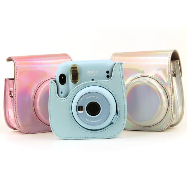 Kompatibel Polaroid mini11 kameraväska 2 delar blå rosa premium PU-läderväska med expanderbar rem
