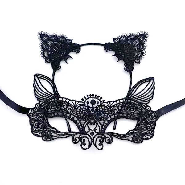 /#/2/#/(Svart) Kvinnor Halloween Spets Halvmask med Kattöron Hårband C/#/