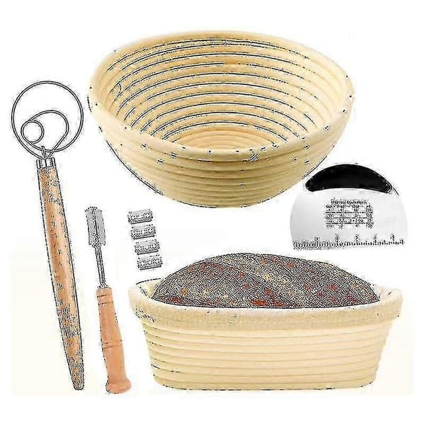 Brødhævekurv Sæt Af 2 Med Starter Kit - Rund Og Oval Brødbage Skål Værktøjer - Brødkniv