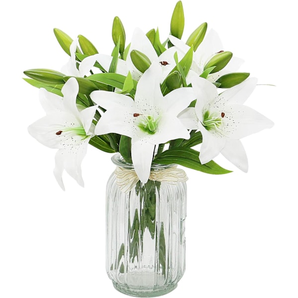 6 Kunstige Lily Blomster Hvide Buketter, Realistiske Falske Lily Bl