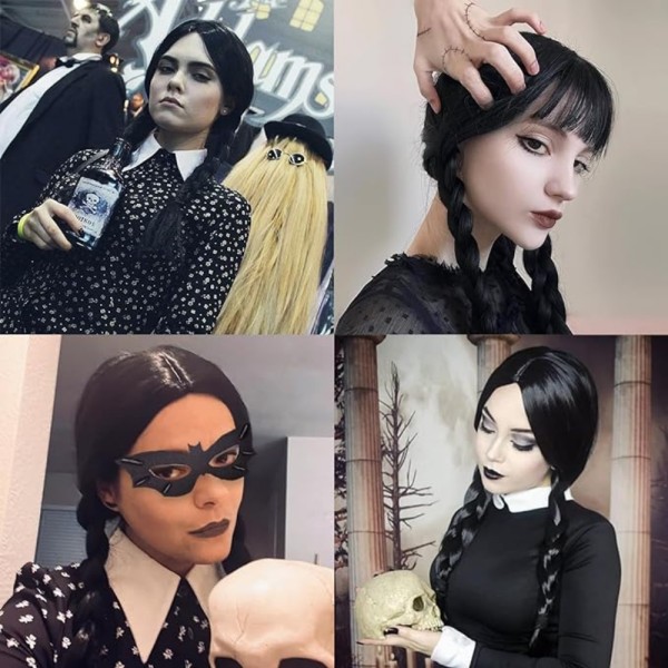 Wednesday Addams Peruk för Barn Kvinnor, Addams Svart Lång Fläta