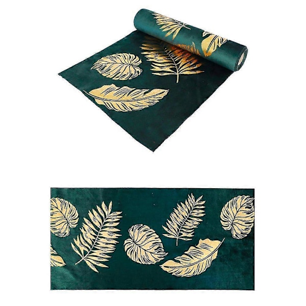 Bordslöpare i grön sammet med gyllene blad 28 cm x 3 m