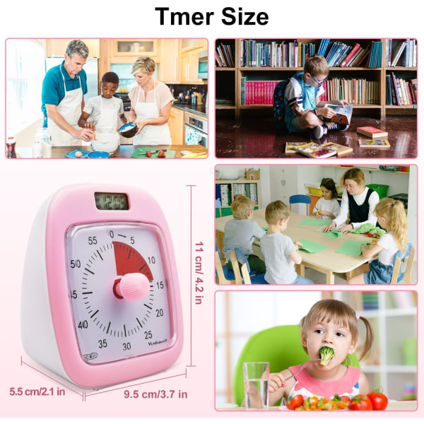 (Rosa) Kids Timer med Klokke og Nattlys, Visuell Timer, Optio