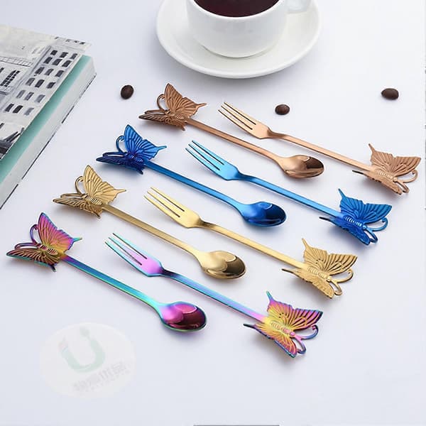 Regnbue Rustfrit Stål Kaffe Te Månekage Frugt Sommerfugl Ske Gaffel Bestik 1 Spoon