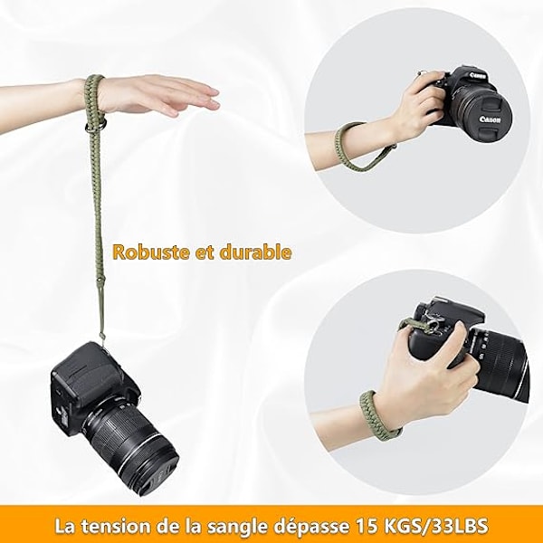 Kameraremmi, 35 cm punottu paracord-kameraremmi (vihreä), pikalukitus