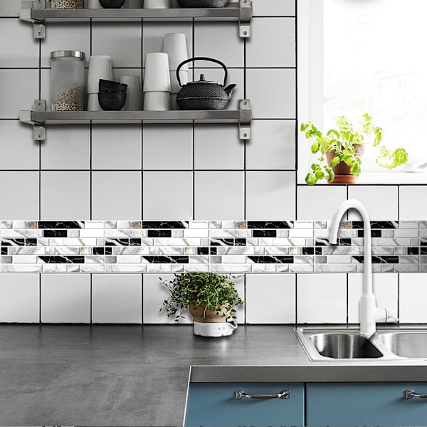 ##/24 stk. Selvklæbende Mosaik 10x20cm - Sort og Hvid, Køkken Sa##/